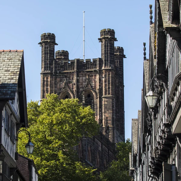 Torre Catedral Chester Vista Desde Werburgh Street Histórica Ciudad Chester — Foto de Stock