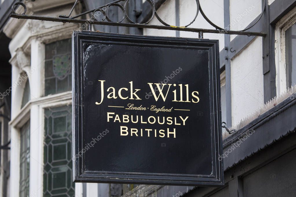 Chester, UK - July 31st 2018: The Jack Wills company logo above the entrance to one of their stores in the city of Chester, UK.