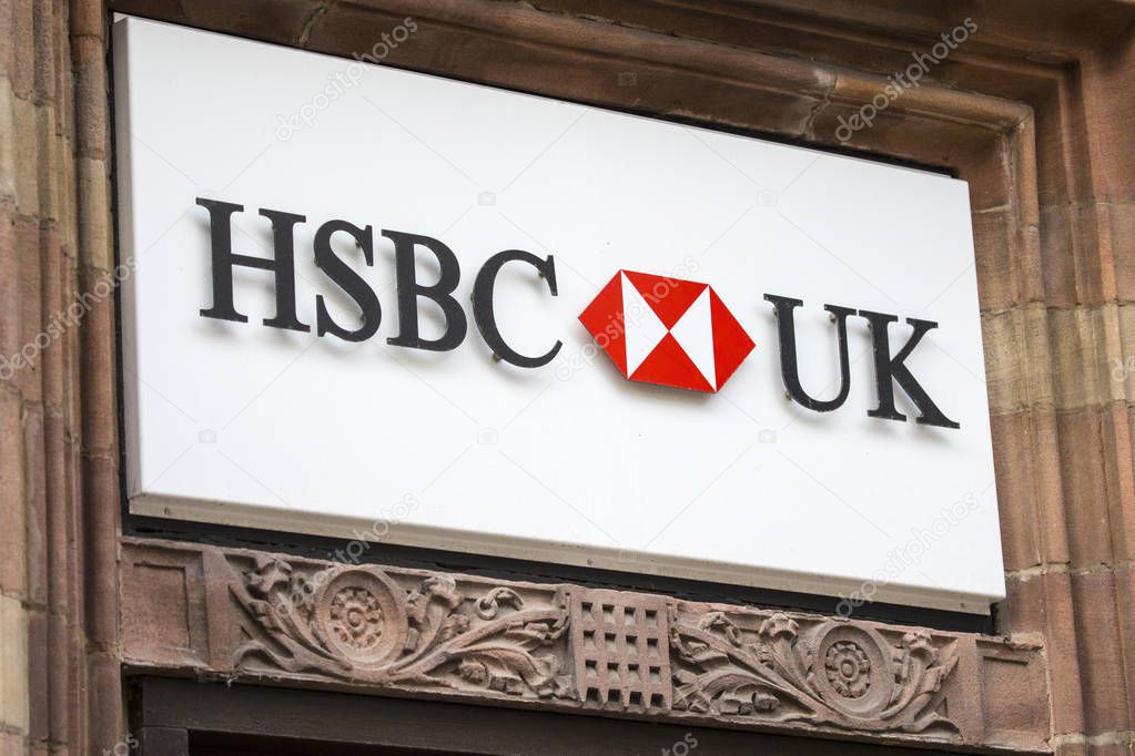 Chester, UK - August 1st 2018: A sign above the entrance to a HSBC bank in the city of Chester, UK.