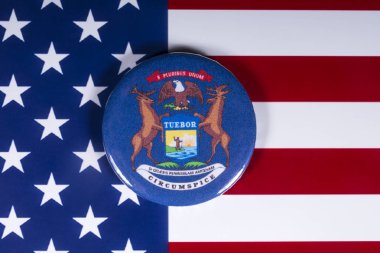 Londra, İngiltere - 20th Kasım 2018: Devlet Michigan, Amerika Birleşik Devletleri bayrağı üzerinde resimde sembolü.