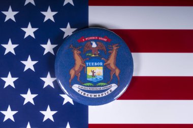 Londra, İngiltere - 20th Kasım 2018: Devlet Michigan, Amerika Birleşik Devletleri bayrağı üzerinde resimde sembolü.