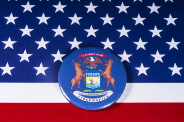 Londra, İngiltere - 20th Kasım 2018: Devlet Michigan, Amerika Birleşik Devletleri bayrağı üzerinde resimde sembolü.