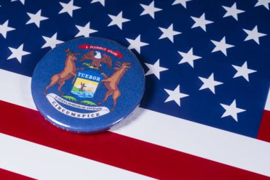 Londra, İngiltere - 20th Kasım 2018: Devlet Michigan, Amerika Birleşik Devletleri bayrağı üzerinde resimde sembolü.