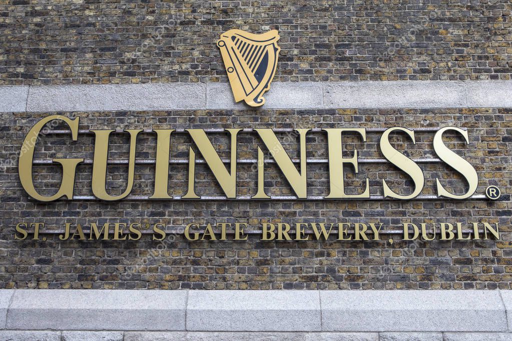 Republic of Ireland - August 13th 2018: The Guinness sign at the Guinness St. Jamess Gate Brewery in the city of Dublin, Republic of Ireland, on 13th August 2018.  The brewery was founded in 1759 by Arthur Guinness.