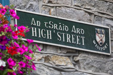 Westport, Republic of Ireland - August 21st 2018: A street sign for the High Street in the town of Westport, County Mayo, Republic of Ireland.  clipart