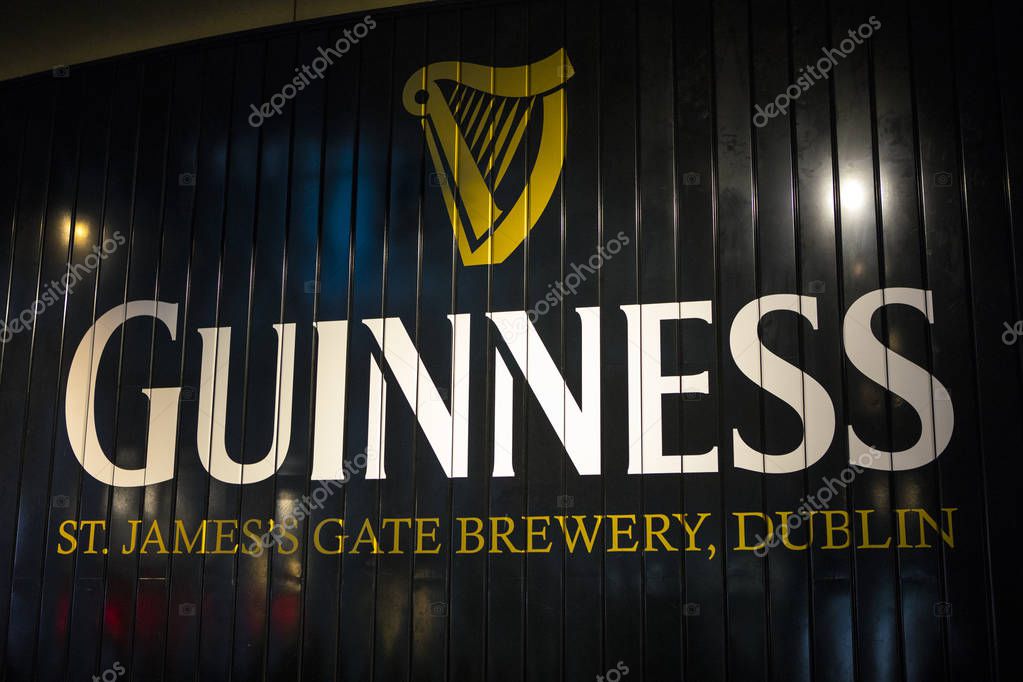 Republic of Ireland - August 13th 2018: The Guinness sign at the Guinness St. Jamess Gate Brewery in the city of Dublin, Republic of Ireland, on 13th August 2018.  The brewery was founded in 1759 by Arthur Guinness.