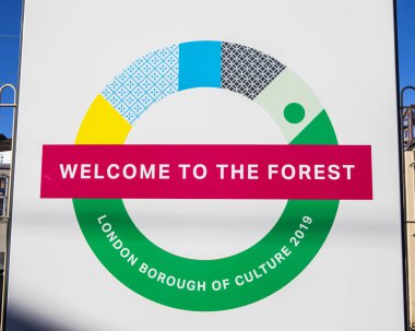 London, UK - January 28th 2019: A sign at Chingford Station in London, promoting the London Borough of Waltham Forest as the 2019 London Borough of Culture. clipart