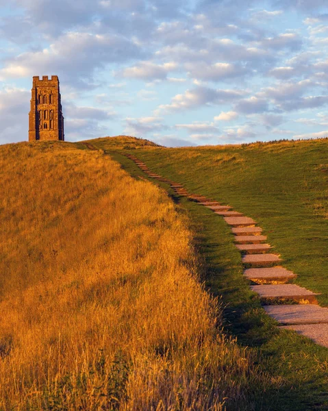 View Historic Michaels Tower Ontop Glastonbury Tor Somerset — Stock Photo, Image