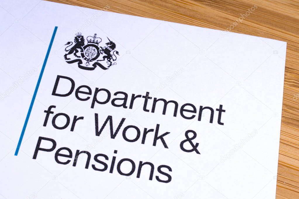 London, UK - March 12th 2019: The logo of the Department for Work and Pensions, pictured on a piece of paper or leaflet. The Department for Work and Pensions is a department of the UK Government responsible for welfare and pension policy.
