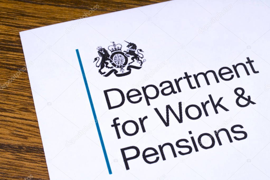 London, UK - March 12th 2019: The logo of the Department for Work and Pensions, pictured on a piece of paper or leaflet. The Department for Work and Pensions is a department of the UK Government responsible for welfare and pension policy.