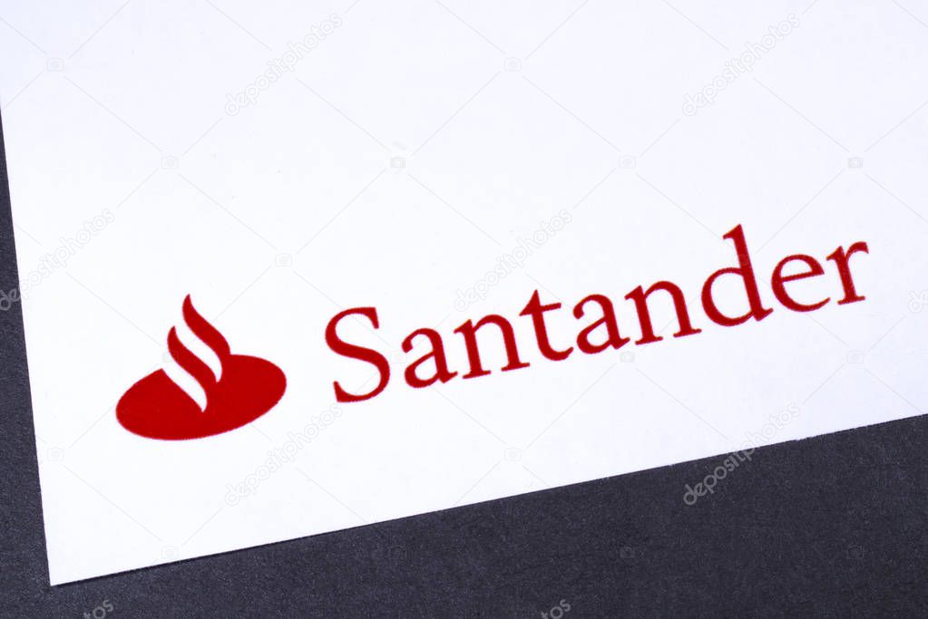 London, UK - March 12th 2019: The logo for Santander bank pictured on the corner of an information leaflet.