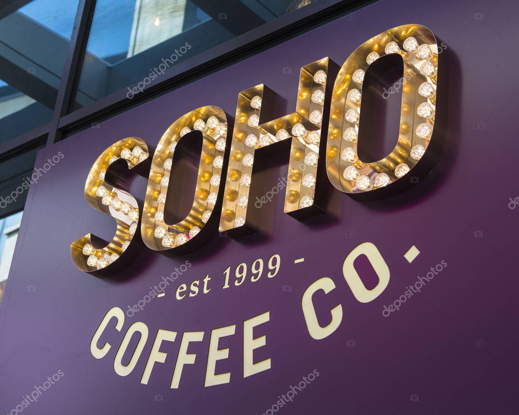 Bristol, UK - June 30th 2019: The Soho Coffee Company logo above the entrance to one of their stores in the city of Bristol, UK.