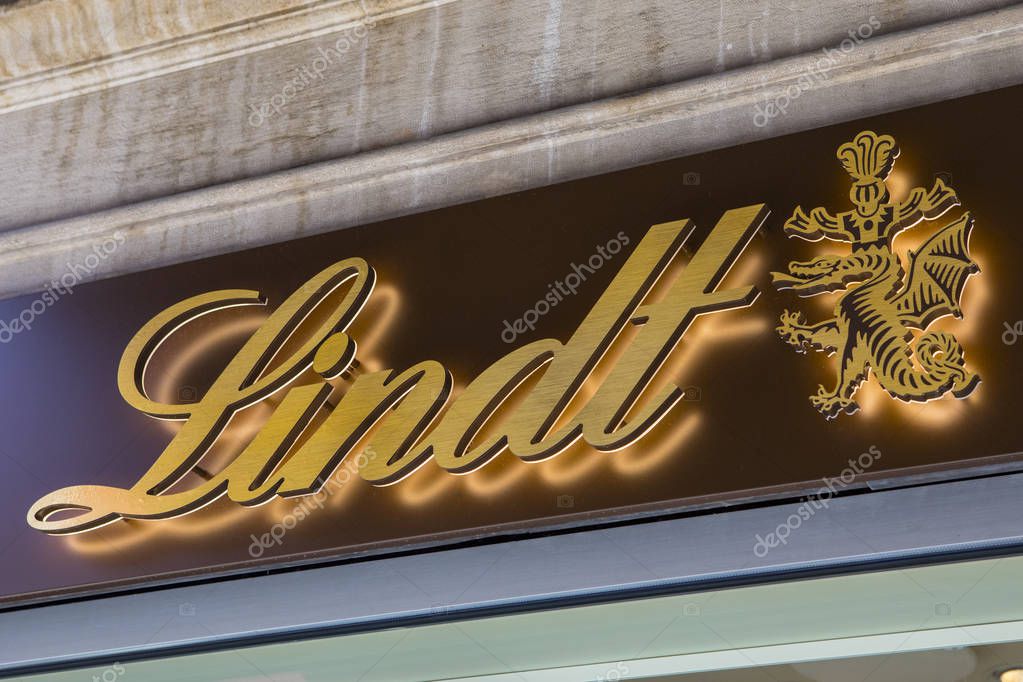 Venice, Italy - July 21st 2019: The Lindt logo above the main entrance to their shop in the Cannaregio area of Venice in Italy.