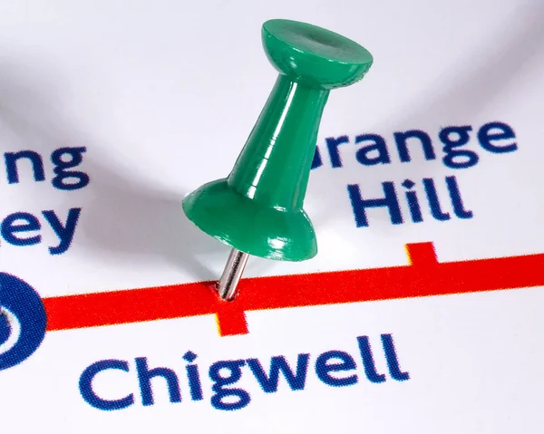 London Storbritannien Juni 2020 Kartnål Som Markerar Var Chigwell Station — Stockfoto