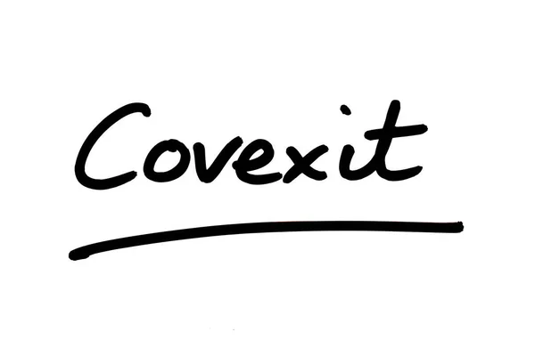Слово Covexit Означающее Постепенный Отказ Последствий Пандемии Коронавируса Написано Руки — стоковое фото