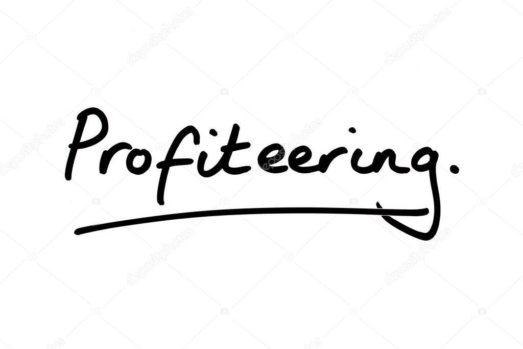 The word Profiteering handwritten on a white background.