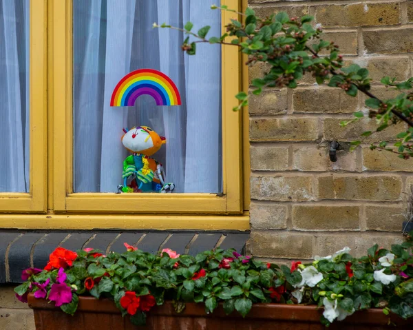 London Juni 2020 Regenbogen Aufkleber Und Kuscheltier Fenster Eines Hauses — Stockfoto