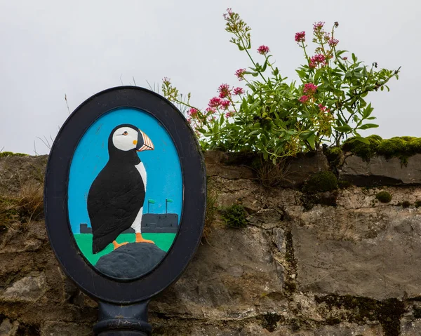 Una Ilustración Puffin Una Señal Ciudad Beaumaris Gales Beaumaris Donde — Foto de Stock