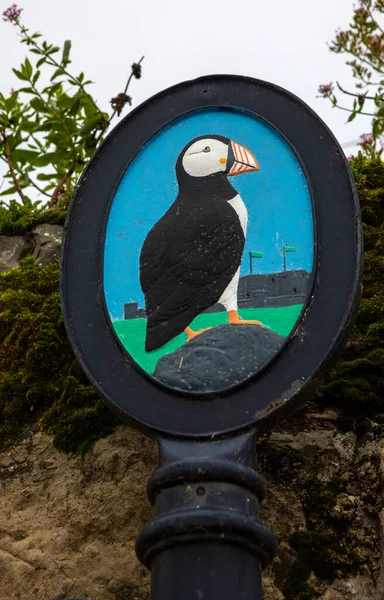 Una Ilustración Puffin Una Señal Ciudad Beaumaris Gales Beaumaris Donde — Foto de Stock