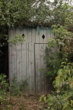 Kırsal kesimde çalılıkları çalılar ve ağaçlar Ukrayna Ahşap wc terk edilmiş bir