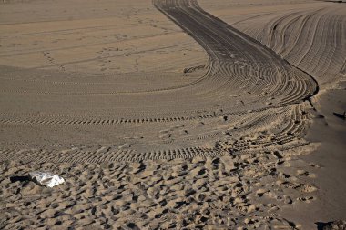 Kumlu sahilde büyük yalnız beyaz taş. Yatay fotoğraf. Antibes, Cote d'Azur, Fransa. Seçici odak. Yazmak için büyük alan