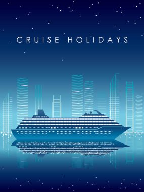 Metin alanı, vektör çizim ile gece liner ve cityscape cruise.