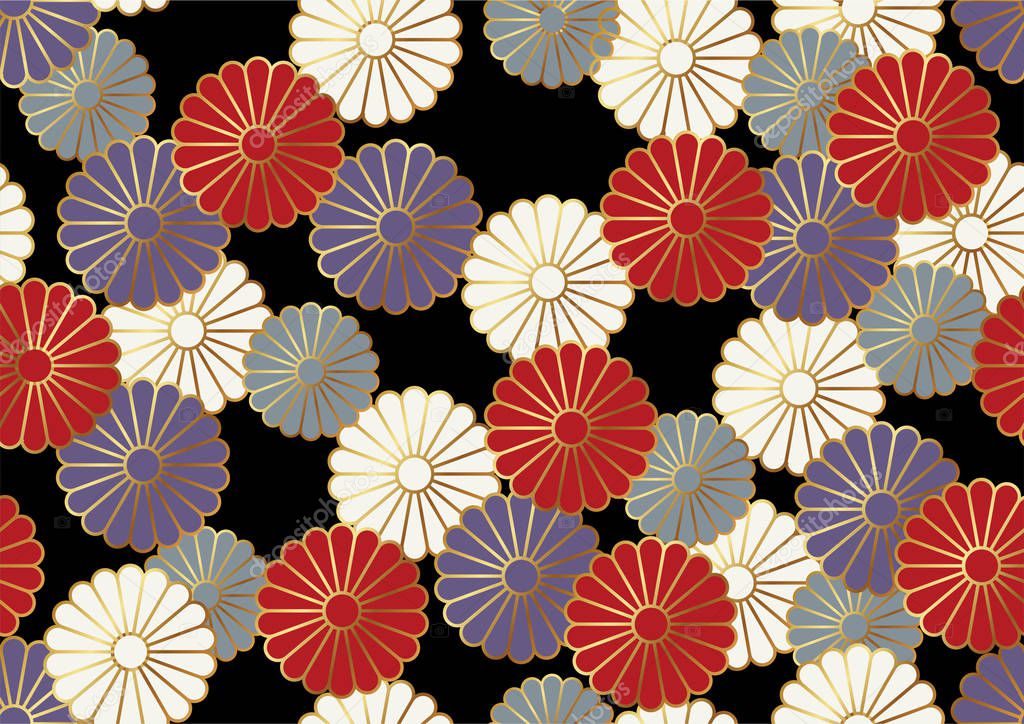 Seamless chrysanthemum pattern in the Japanese traditional style, vector illustration. Horizontally and vertically repeatable.