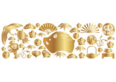 Yıl yaban domuzu simgesinin ve vektör çizim yılbaşı kutlamak için diğer Japon geleneksel şans muskaları.