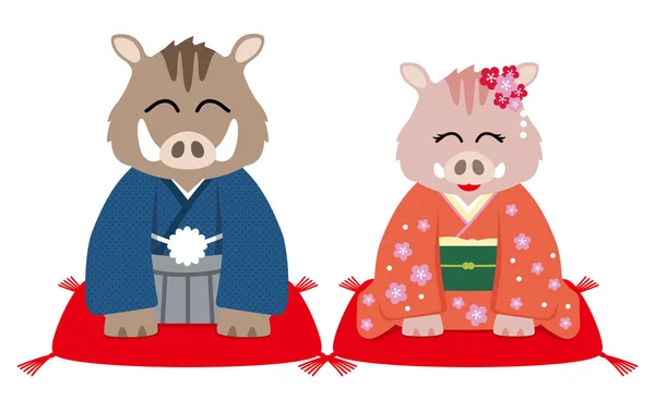 Jabalíes Salvajes Personificados Vestidos Con Ropa Tradicional Japonesa Ilustración Vectorial — Vector de stock