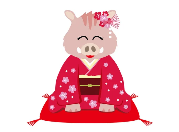 Jabalí Salvaje Personificado Vestido Con Ropa Tradicional Japonesa Ilustración Vectorial — Vector de stock