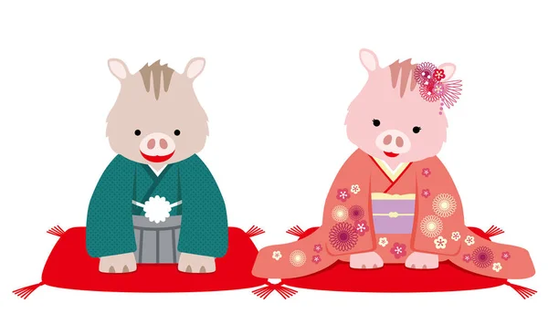 Jabalíes Salvajes Personificados Vestidos Con Ropa Tradicional Japonesa Ilustración Vectorial — Vector de stock