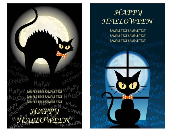 Set Dos Plantillas Tarjetas Felicitación Happy Halloween Con Gatos Negros — Vector de stock