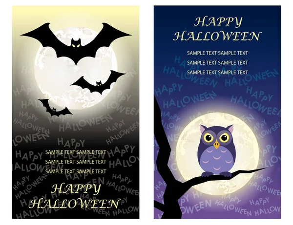 Set of two Happy Halloween greeting card templates with bats and an owl, vector illustration.