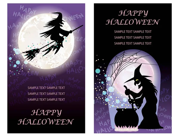 Conjunto Dos Plantillas Tarjetas Felicitación Feliz Halloween Con Brujas Ilustración — Vector de stock