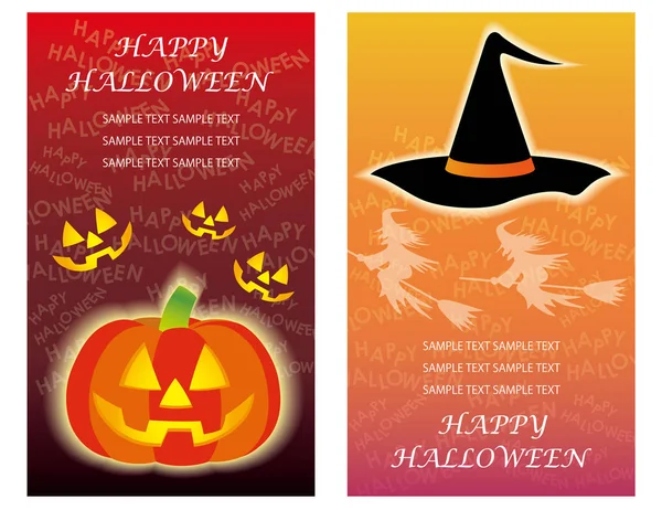 Set of two Happy Halloween greeting card templates with Jack-o-Lantern and a witch hat, vector illustration.
