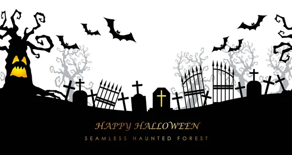 Happy Halloween Sömlös Läskiga Kyrkogården Med Text Utrymme Vektorillustration Horisontellt — Stock vektor