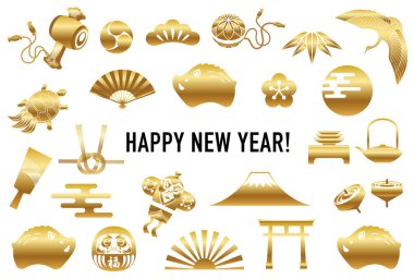 Japon geleneksel yeni yıl öğeleri, vektör çizim şablonuyla yeni yıl kartı. 