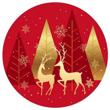 Reindeers, vektör çizim ile kış orman daire arka plan.