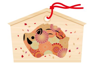 Bir yaban domuzu için Japonca yeni yıl çizim tabletiyle adak resmi ziyaret için bir tapınak, vektör çizim. 