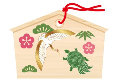 Adak resim tablet bir vinç ve Japon yeni yıl çizim kaplumbağa ile ziyaret etmek için bir tapınak, vektör çizim.