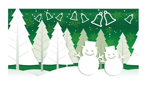 Christmas illustration with winter forest, snowmen, and bells.