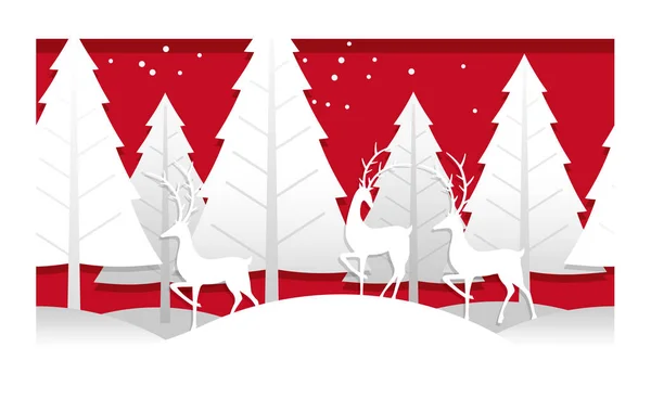 Ilustración navideña con bosque de invierno y renos . — Vector de stock