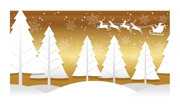 Christmas illustration with winter forest, reindeer, and Santa Claus.
