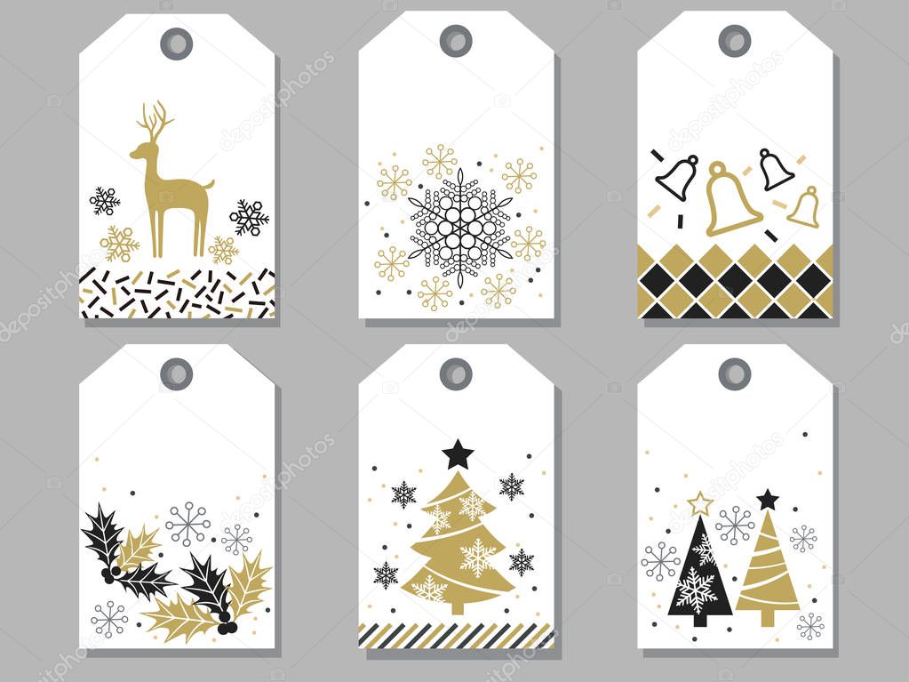 Set of assorted New Year and Christmas gift tags, vector illustrations.