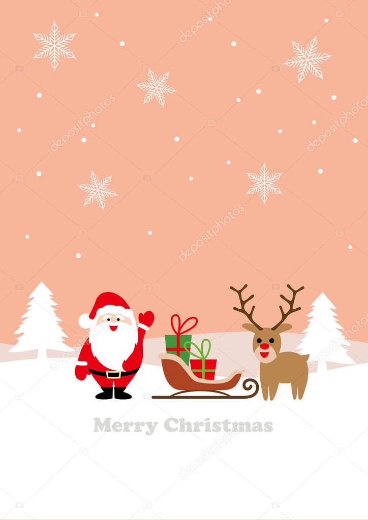 Seamless winter landscape with Santa Claus, a reindeer, and a sleigh. Flat, simple, and cartoonish style vector illustration. Horizontally repeatable.