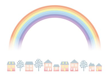 Pastel renkli townscape rainbow, vektör çizim ile.