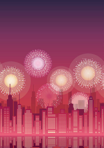 Seamless cityscape with skyscrapers and fireworks, vector illustration. Horizontally repeatable.