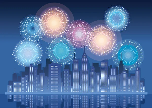 Cityscape Skyscrapers Fireworks Vector Illustration — Stock Vector