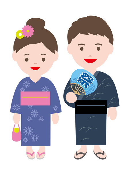 Couple wearing Japanese summer kimono, isolated on a white background. Vector illustration.