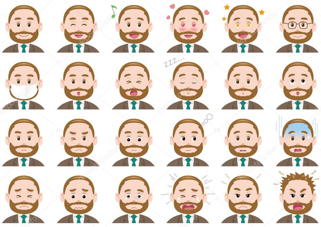 Businessman various expressions set. Vector characters isolated on a white background.